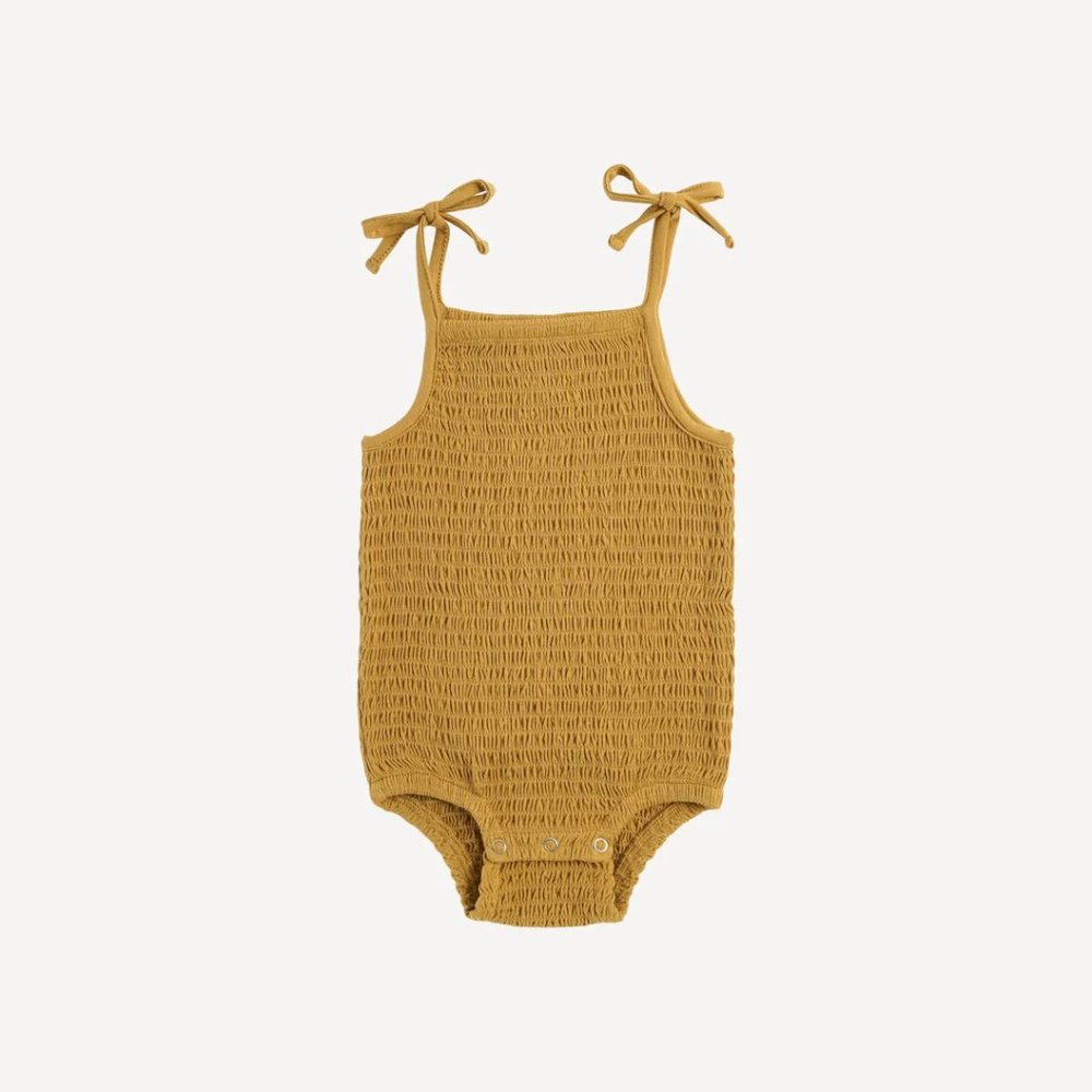 NWT Kate Quinn Tie Smocked Bodysuit Honey Mustard Yellow Bamboo 12-18m